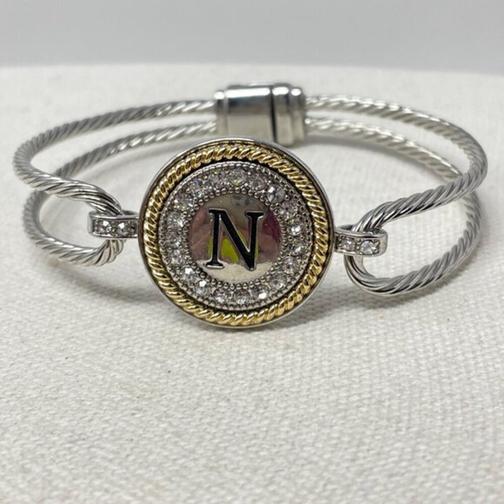 N Monogram Bracelet Twisted Magnetic Clasp Silver-Tone Rhinestone‎ Twisted Rope